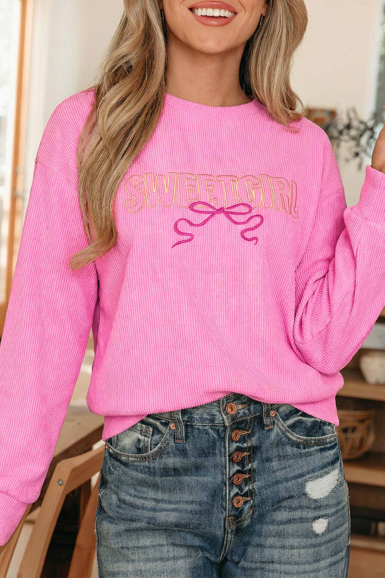 Bonbon Sweet Girl Embroidered Graphic Rib Textured Top