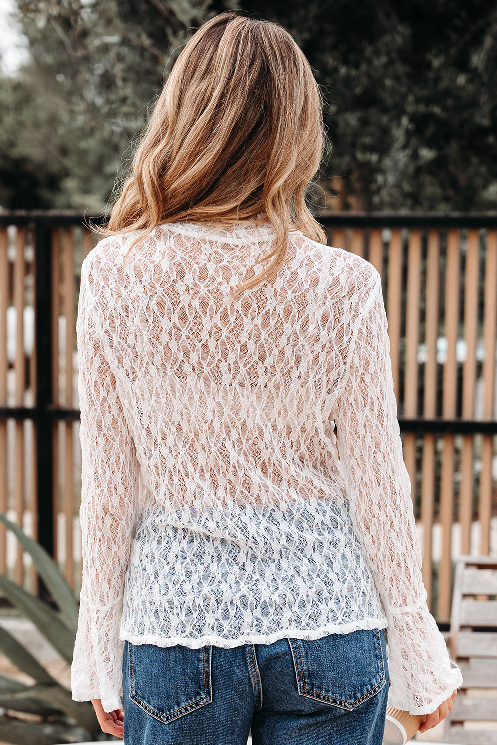 White Sheer Lace Bell Sleeve Mock Neck Blouse