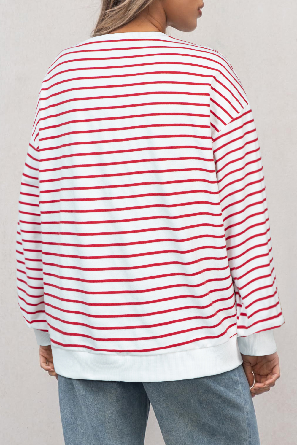 Burgundy Striped Long Sleeve Round Neck Loose Top