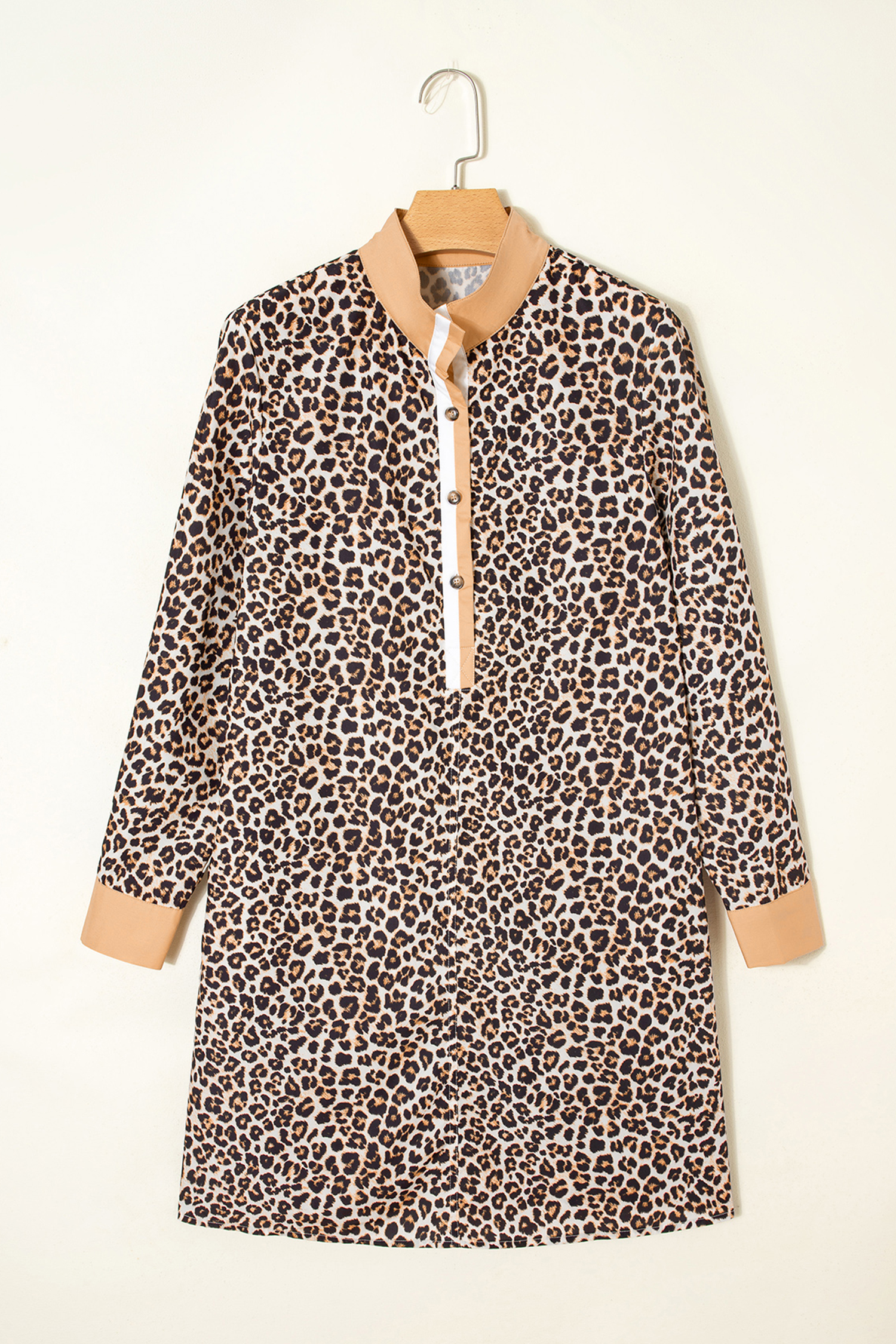 Multicolour Button Striped Collar Leopard Print Long Sleeve Flared Dress