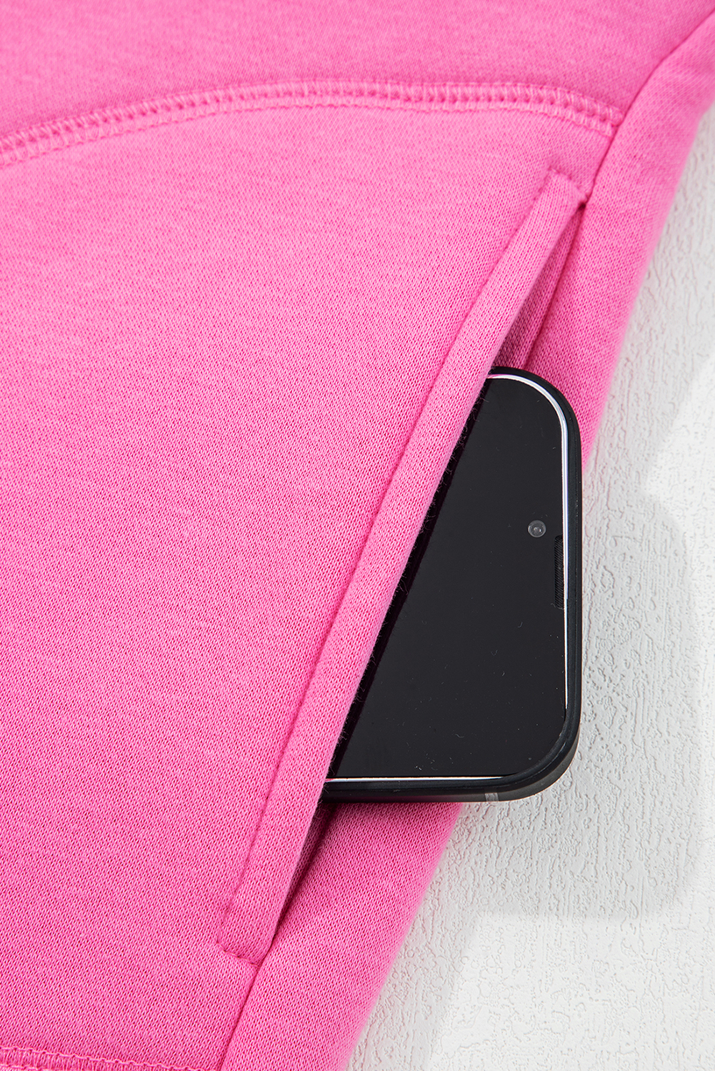 Bright Pink Half Button Stand Neck Drop Shoulder Sweatshirt