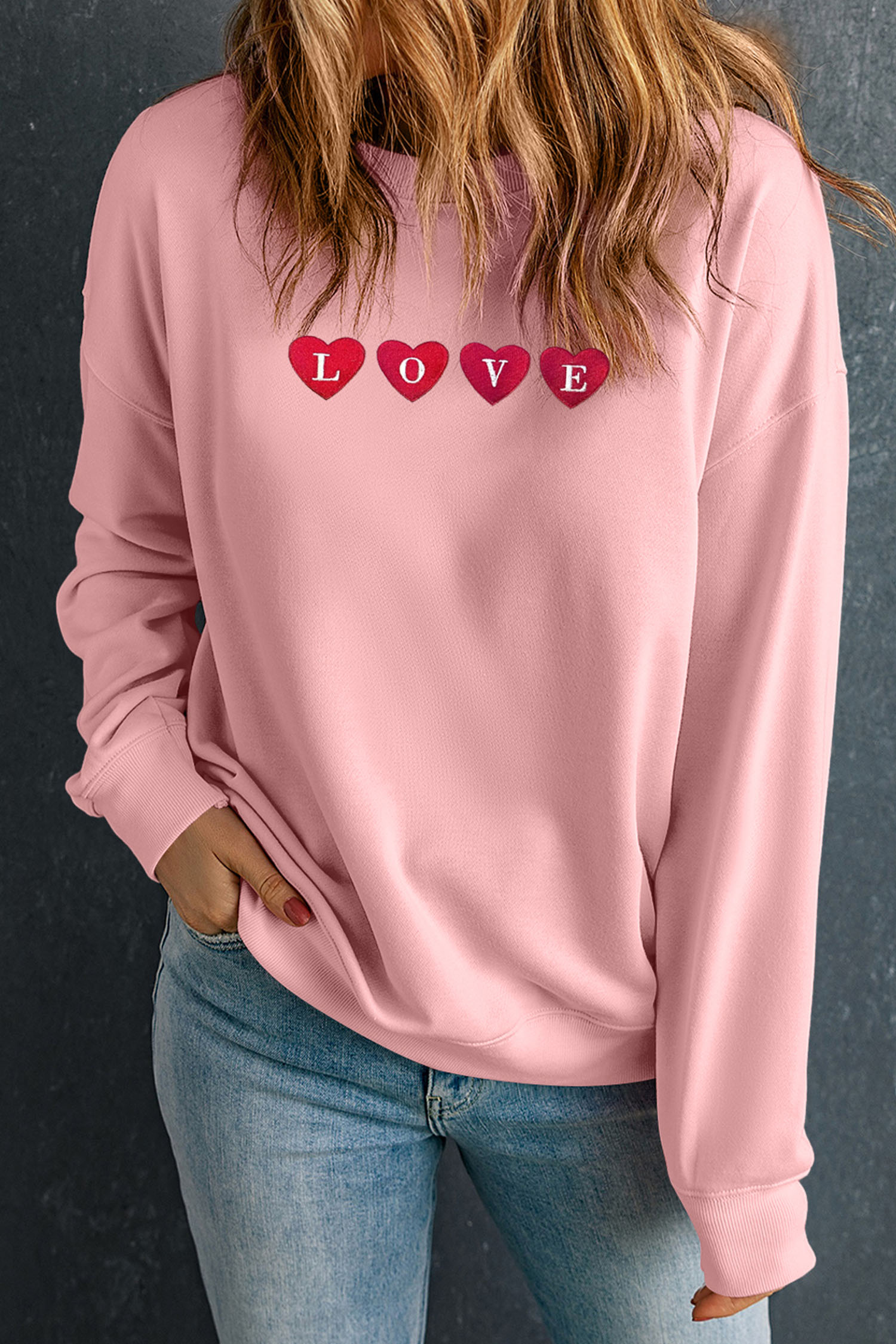 Pink LOVE In Hearts Embroidered Graphic Sweatshirt