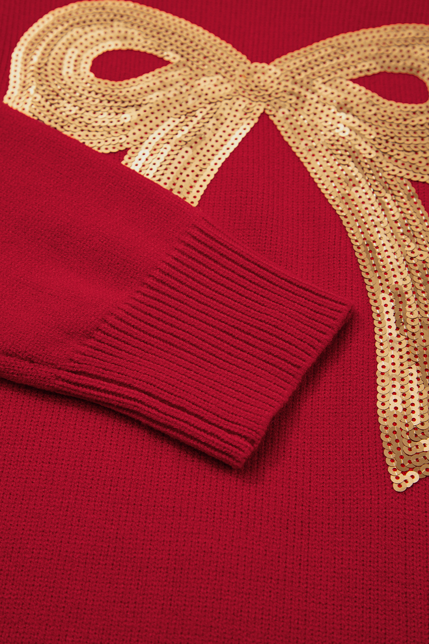 Rose Red Sequined Bow Graphic Christmas Holiday Sweater