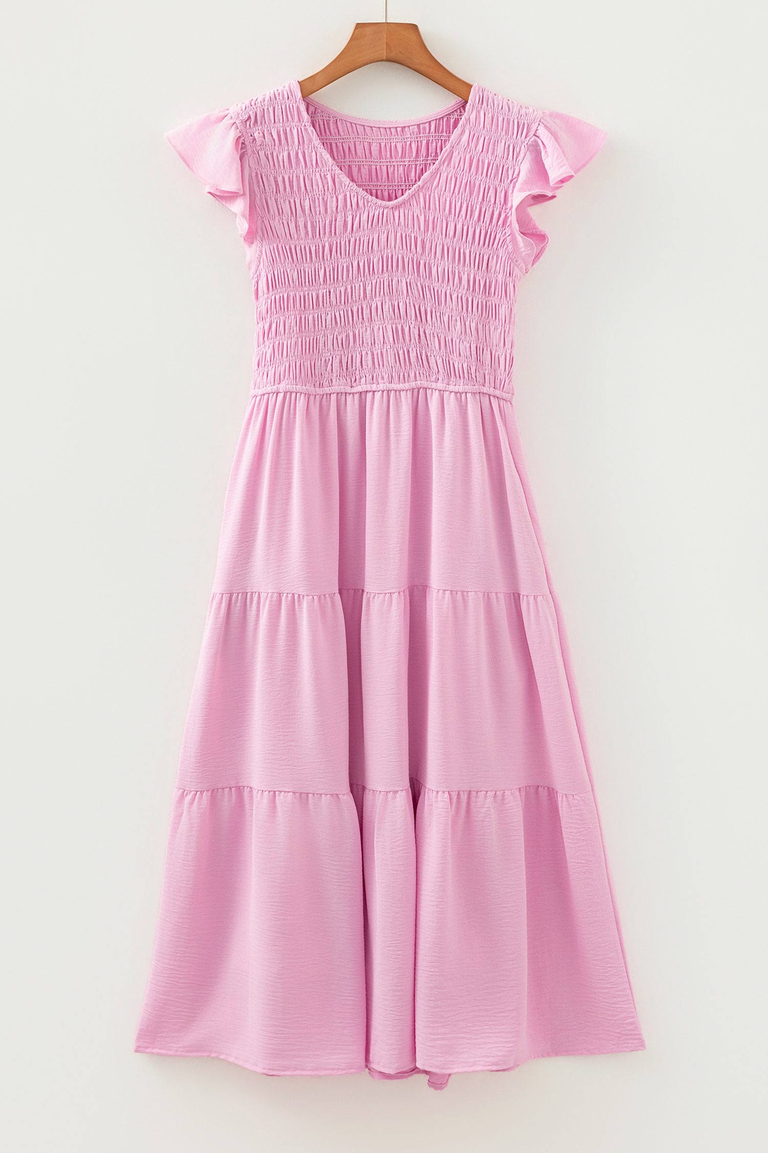 Pink Smocked Bodice Flutter Sleeve Fit Flare Tiered Midi Dress