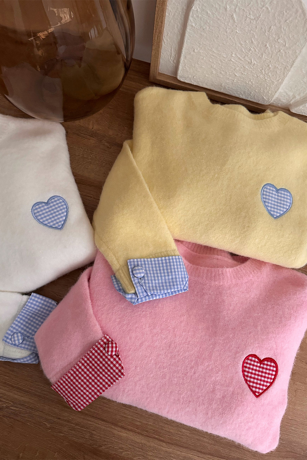 Light Pink Plaid Heart Embroidered Cuffed Drop Shoulder Crew Neck Sweater