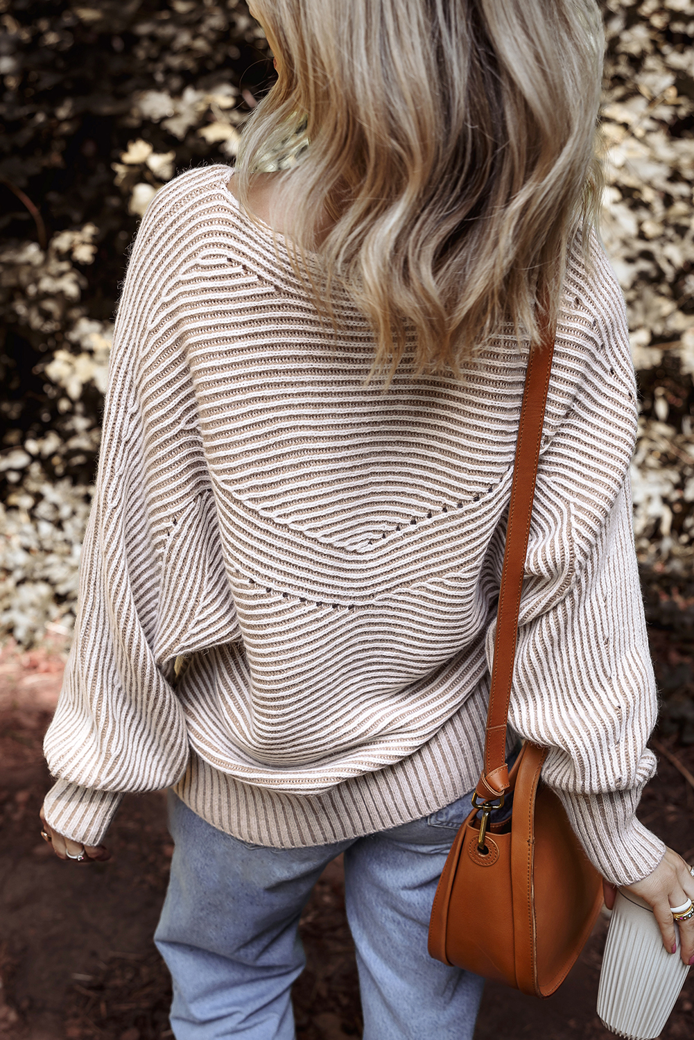 Coffee Striped Print Ribbed Knit Boat Neck Baggy Sweater