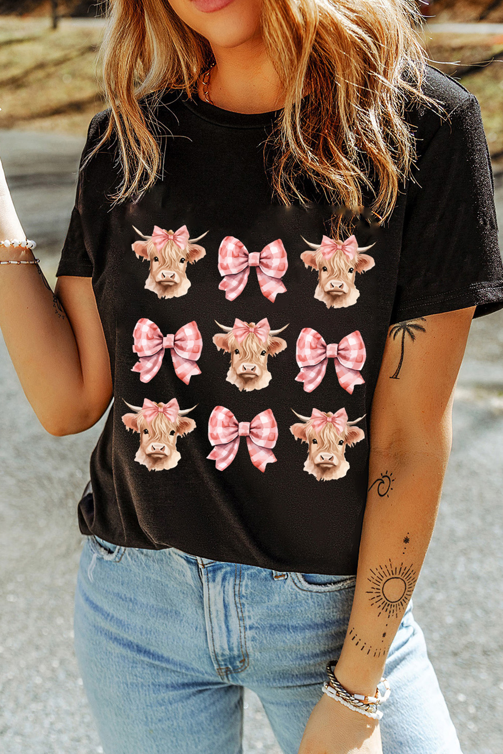 Black Cow with Bow Graphic Crewneck Western Tee