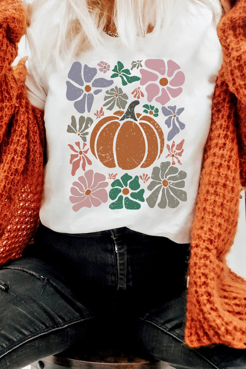 White Flower Pumpkin Distressed Graphic T Shirt