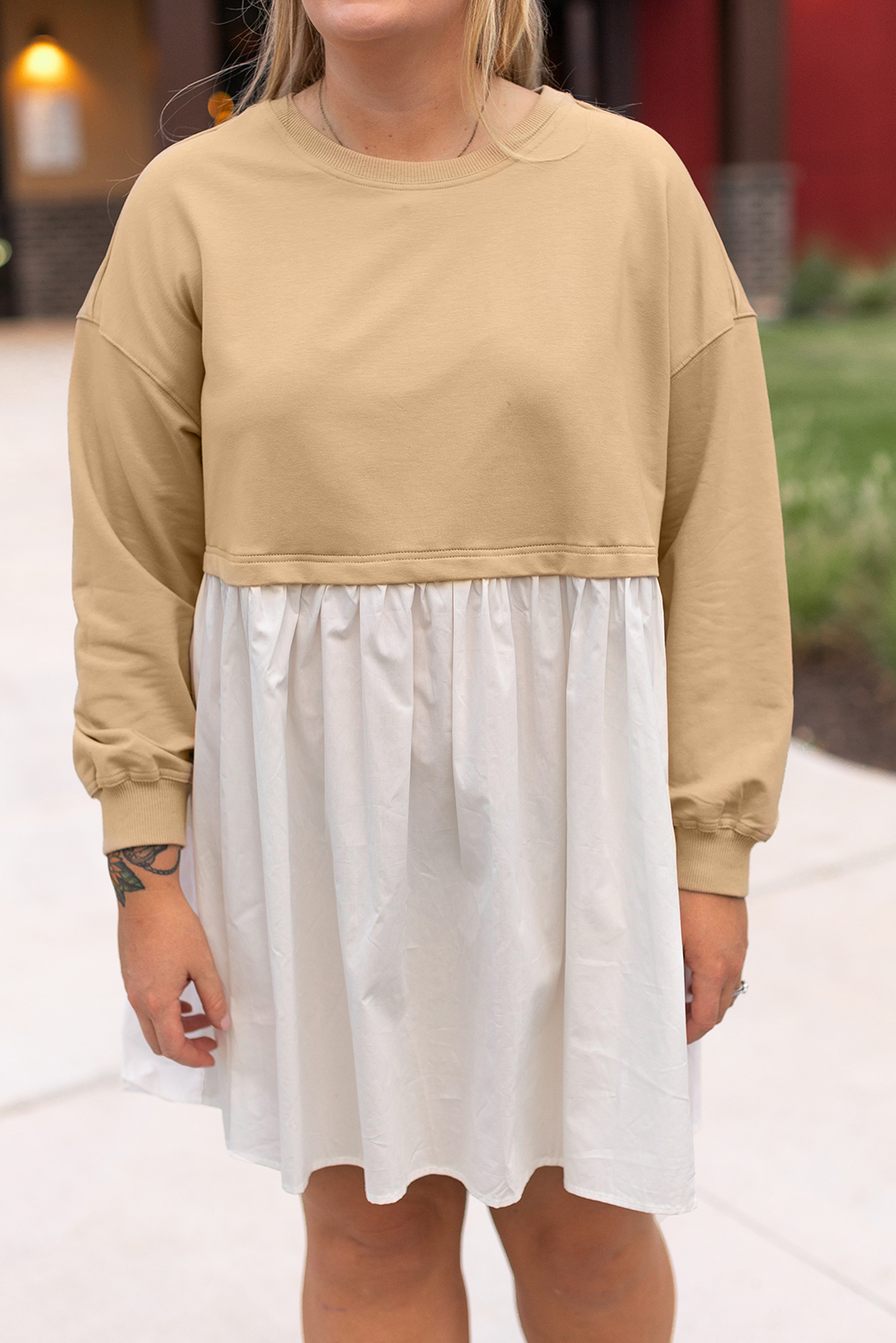 Pale Khaki Sweatshirt Poplin Mini Dress