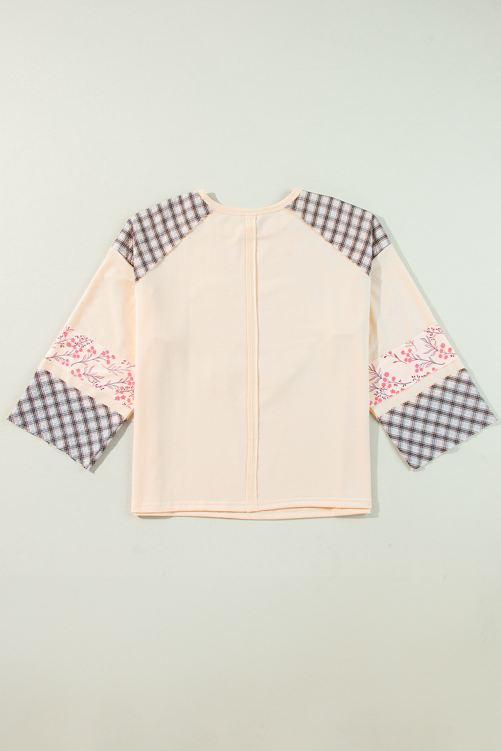 Beige Flower Patch Graphic Exposed Seam Wide Sleeve Top