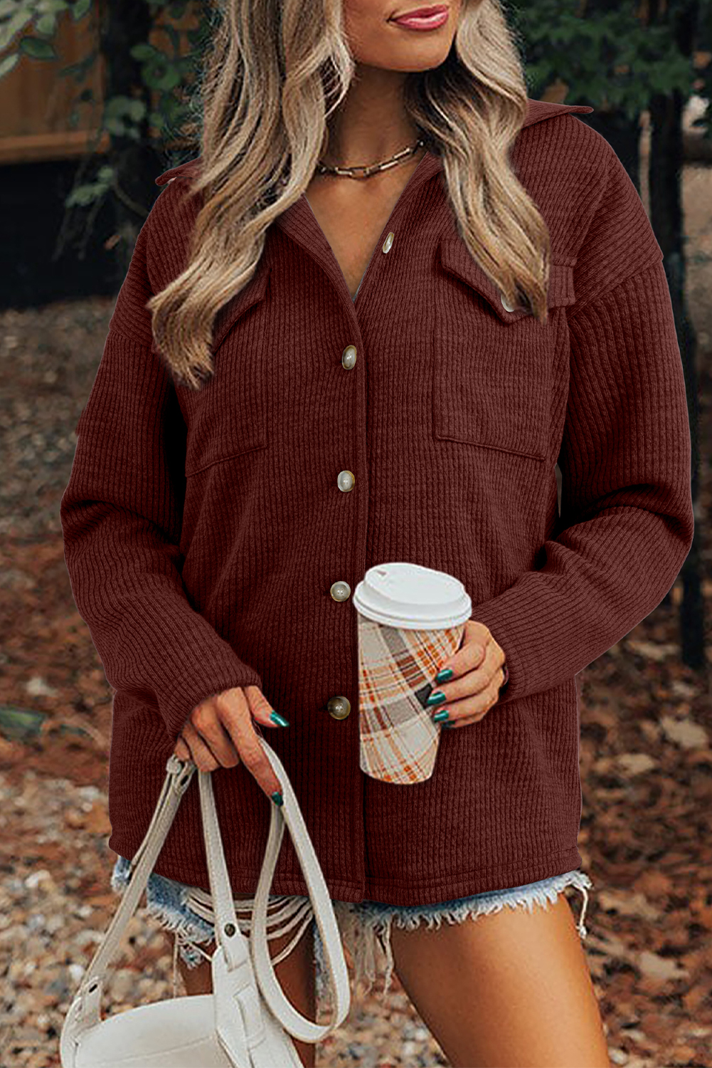 Medium Grey Ribbed Knit Buttons Front Flap Pocket Casual Shacket