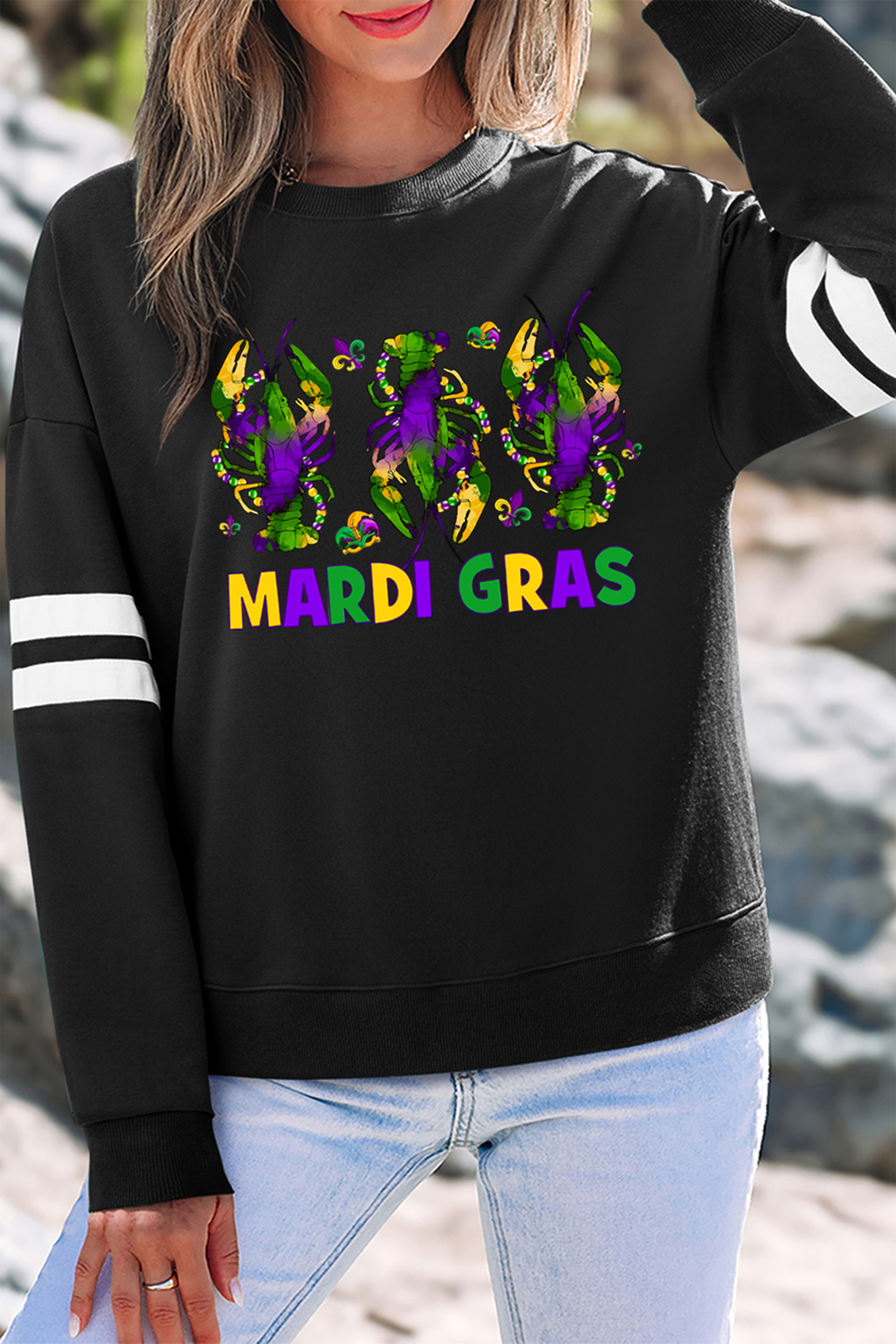 Black Sequin Mardi Crown Dropped Shoulder Varsity Sweatshirt