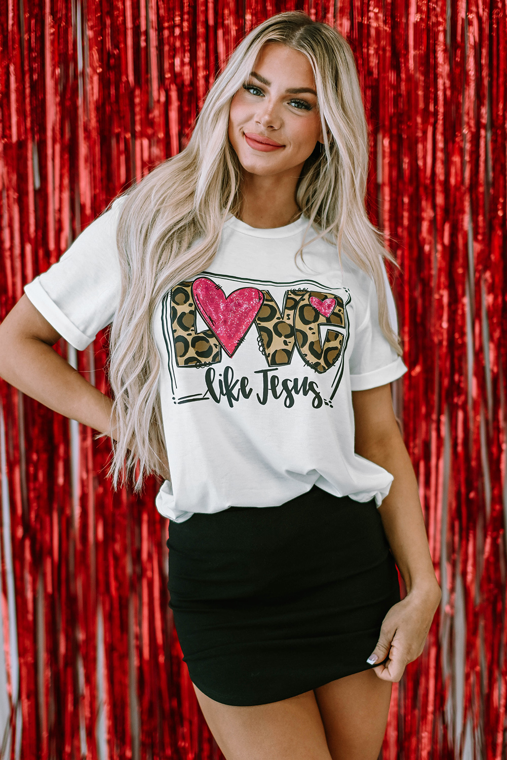 Red Leopard Striped Heart Shaped Print Crew Neck T Shirt