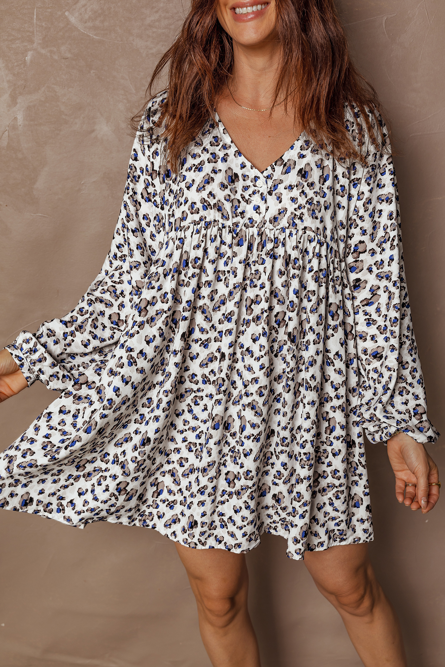 Multicolour Leopard Print V Neck Button Detail Long Sleeve Mini Dress