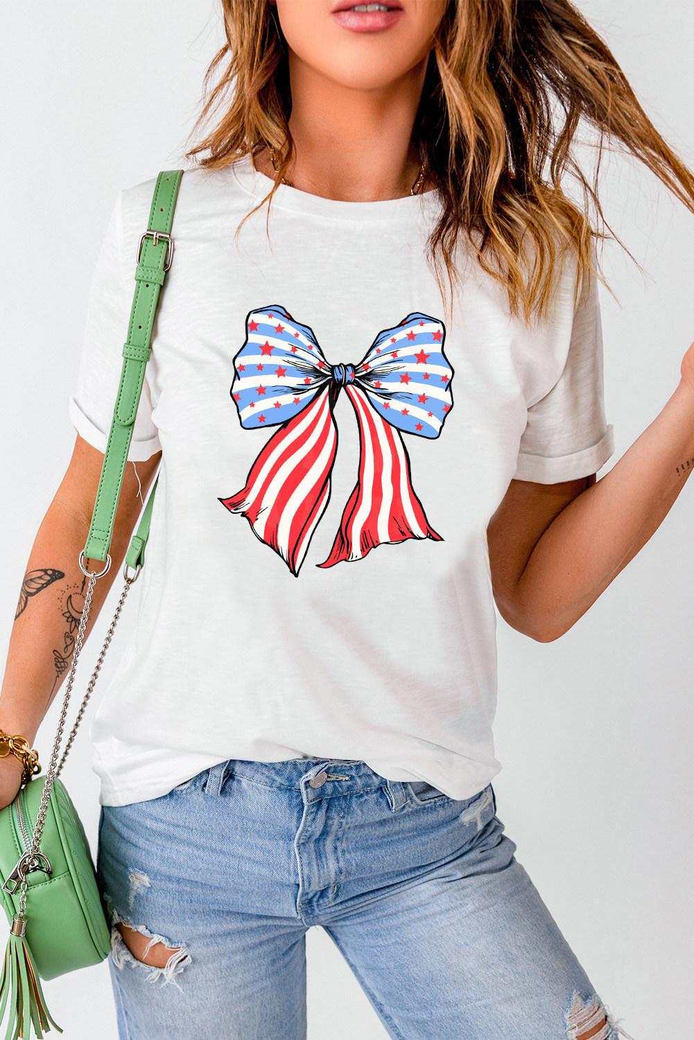 Khaki American Flag Bow Knot Print Round Neck T Shirt
