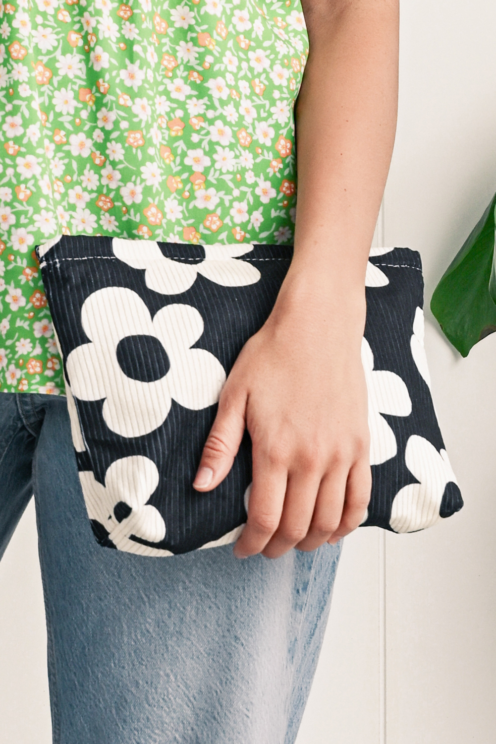 Red Flower Printed Rib Textured Cosmetic Bag