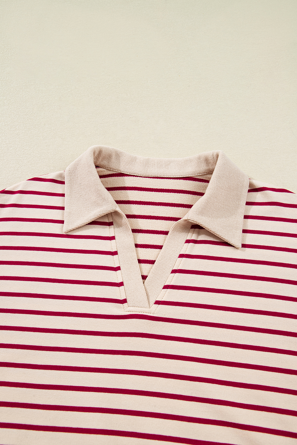Red Stripe Cropped Collared Drop Shoulder Pullover and Bubble Mini Skirt Set
