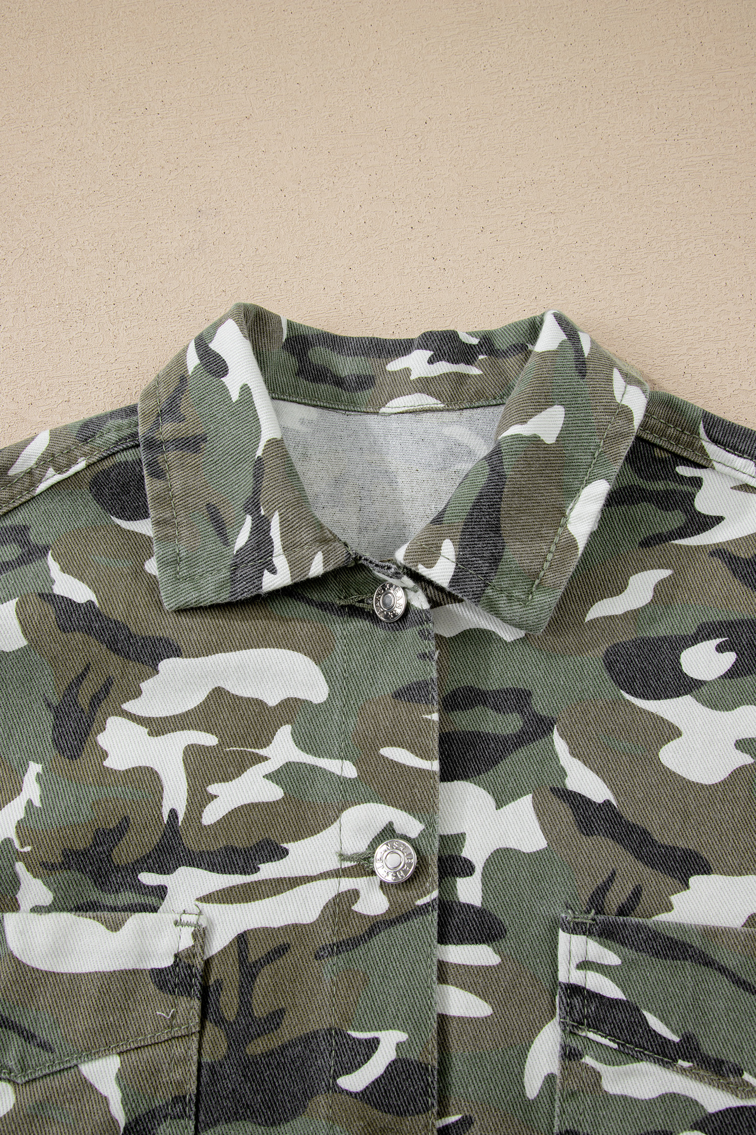 Green Camo Chest Pockets Loose Jean Jacket