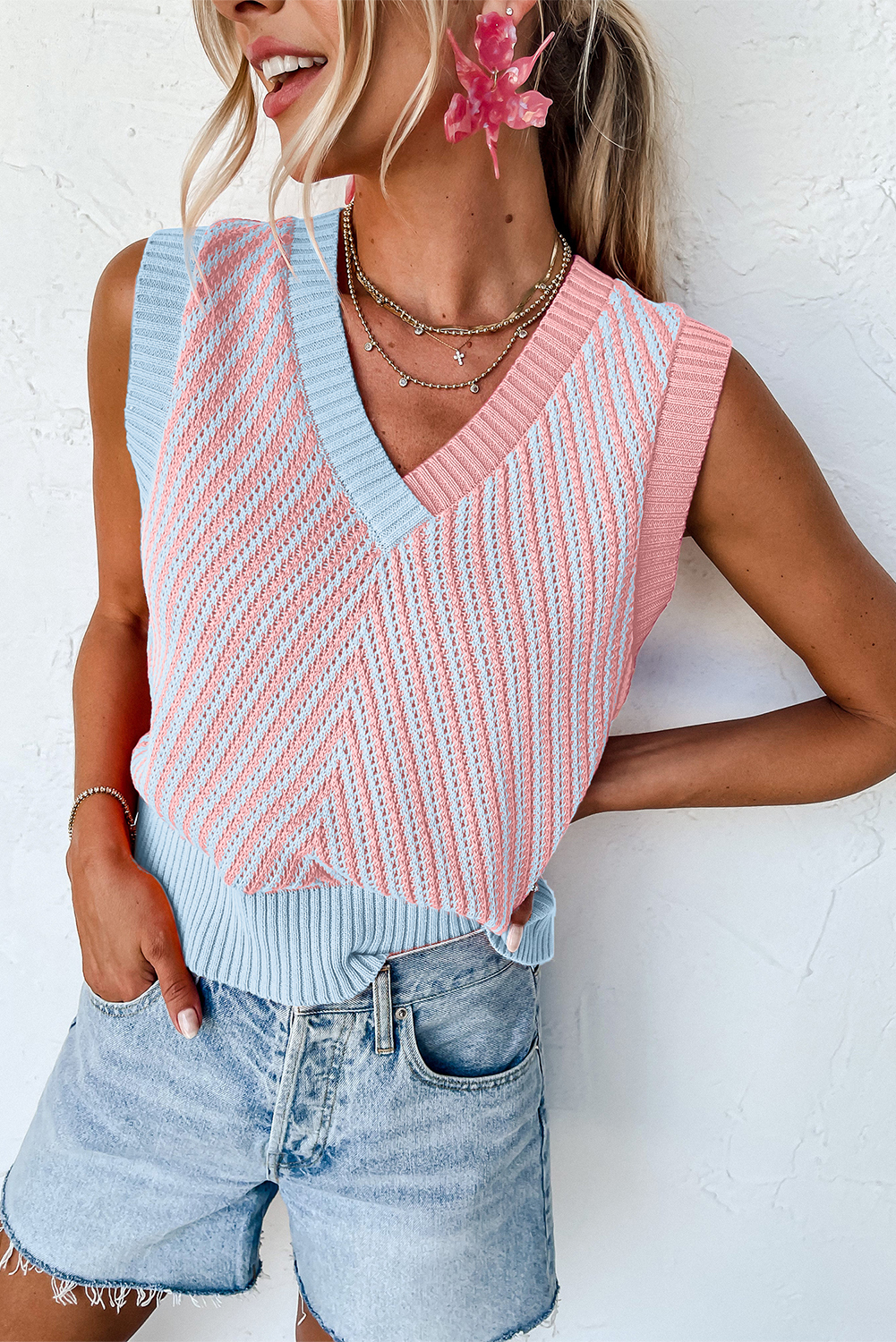 Black Contrast Chevron Knit V Neck Sweater Vest
