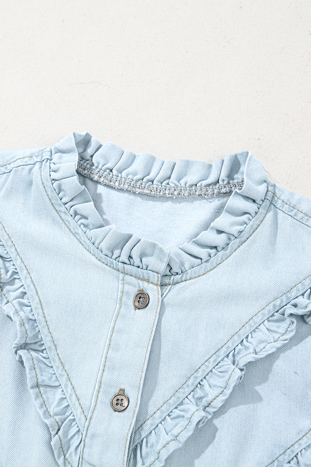 Beau Blue Mineral Wash Frilled Button Up Denim Shirt