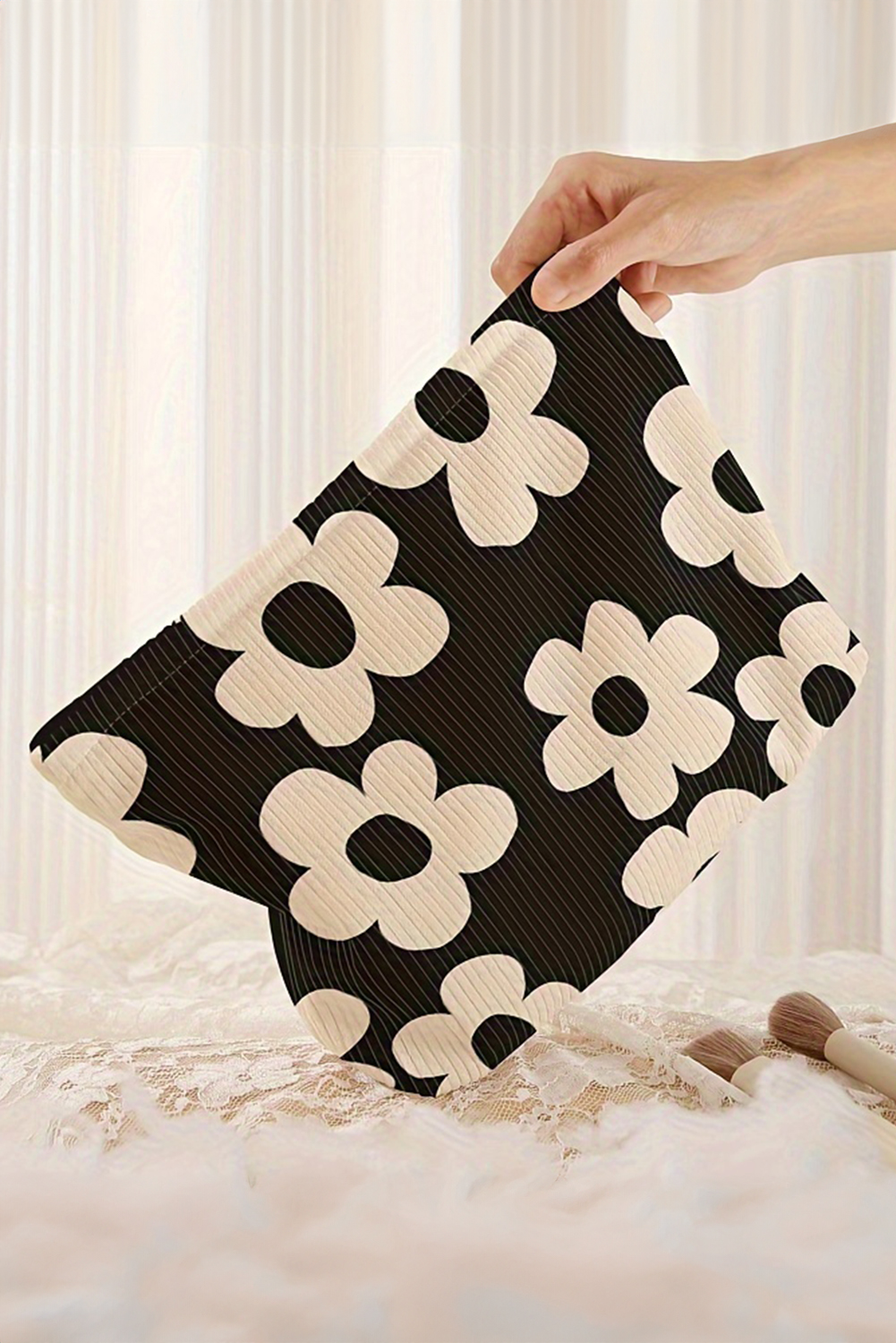 Red Flower Printed Rib Textured Cosmetic Bag