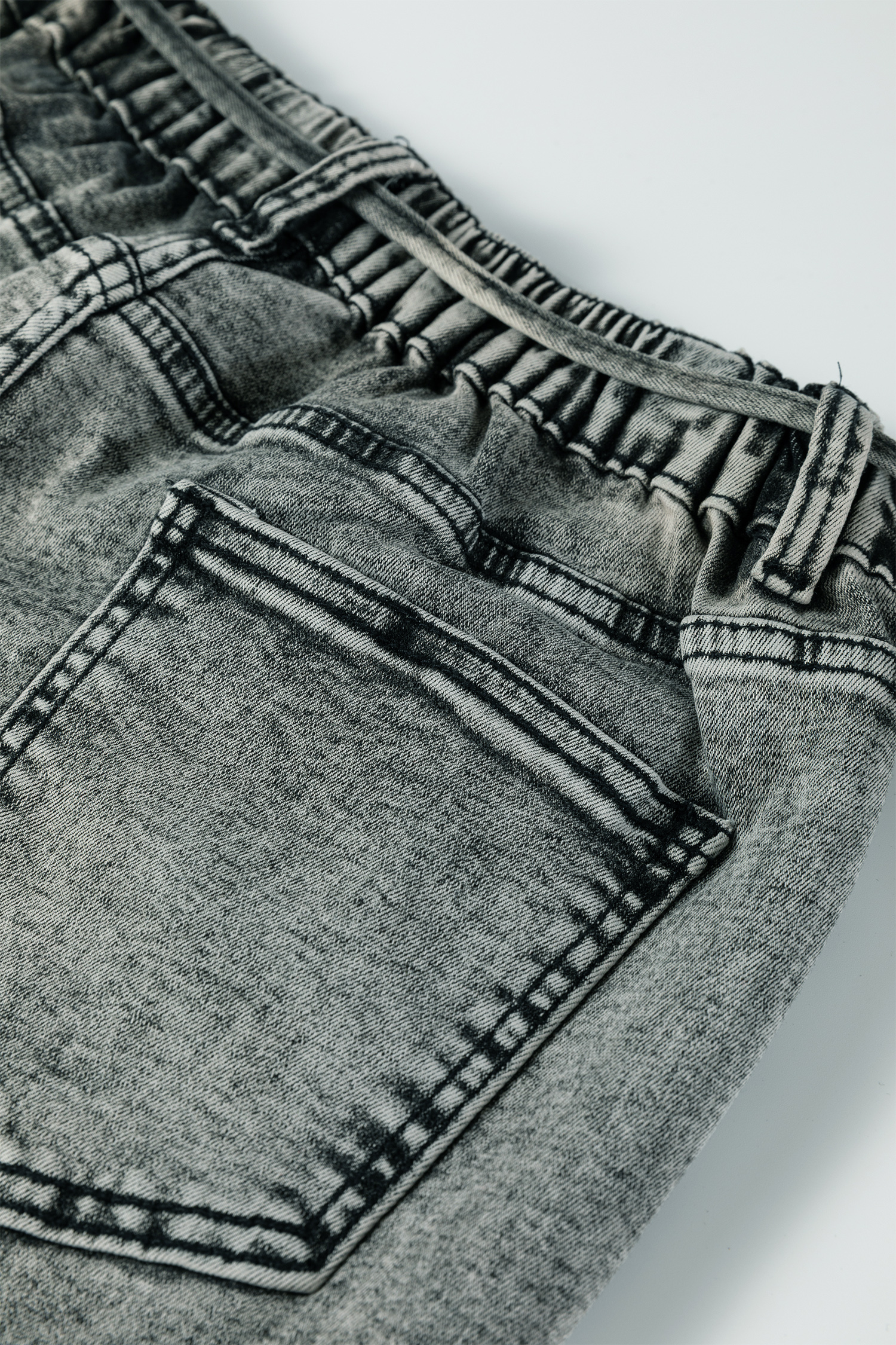 Smoke Gray Acid Wash Barrel Fit Denim Pants with Waist String