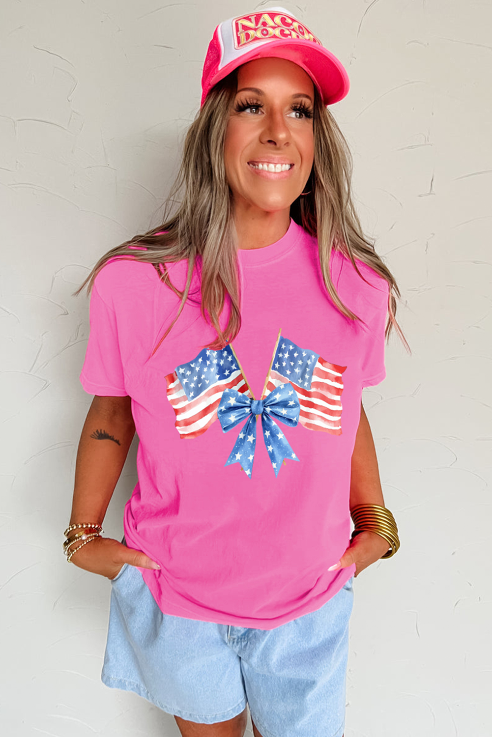 Sachet Pink Dual American Flag Bow Printed Casual T Shirt
