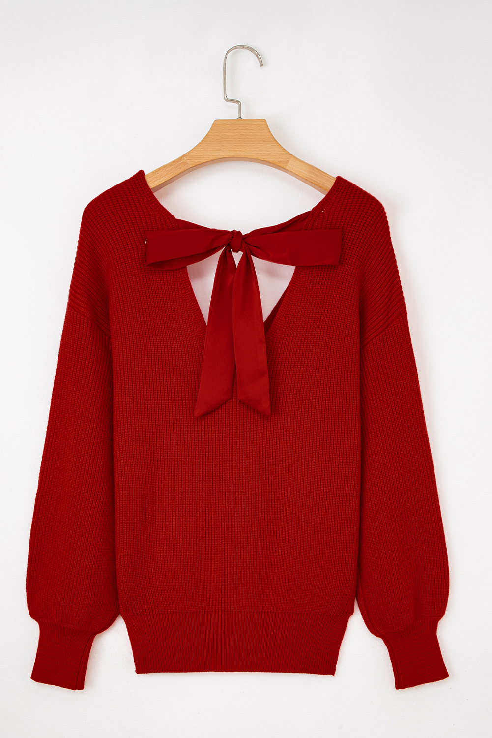Racing Red Lantern Sleeve V Neck Knot Back Sweater