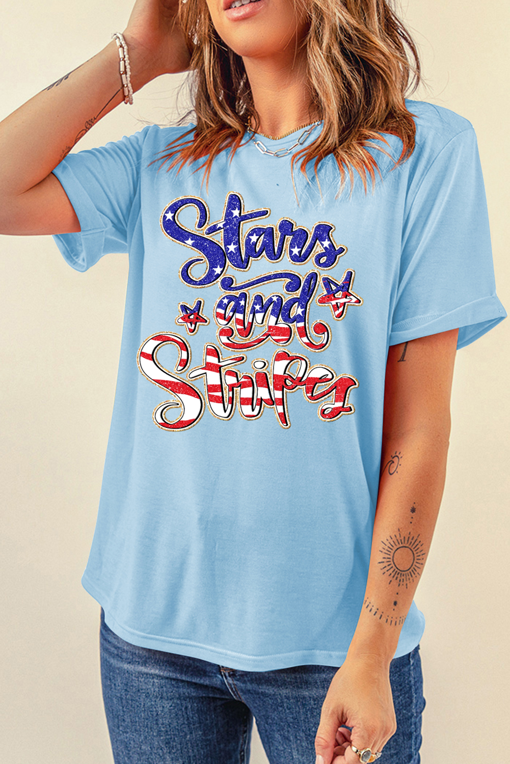 Light Blue Stars and Stripes Graphic July 4th Patriotic Tee