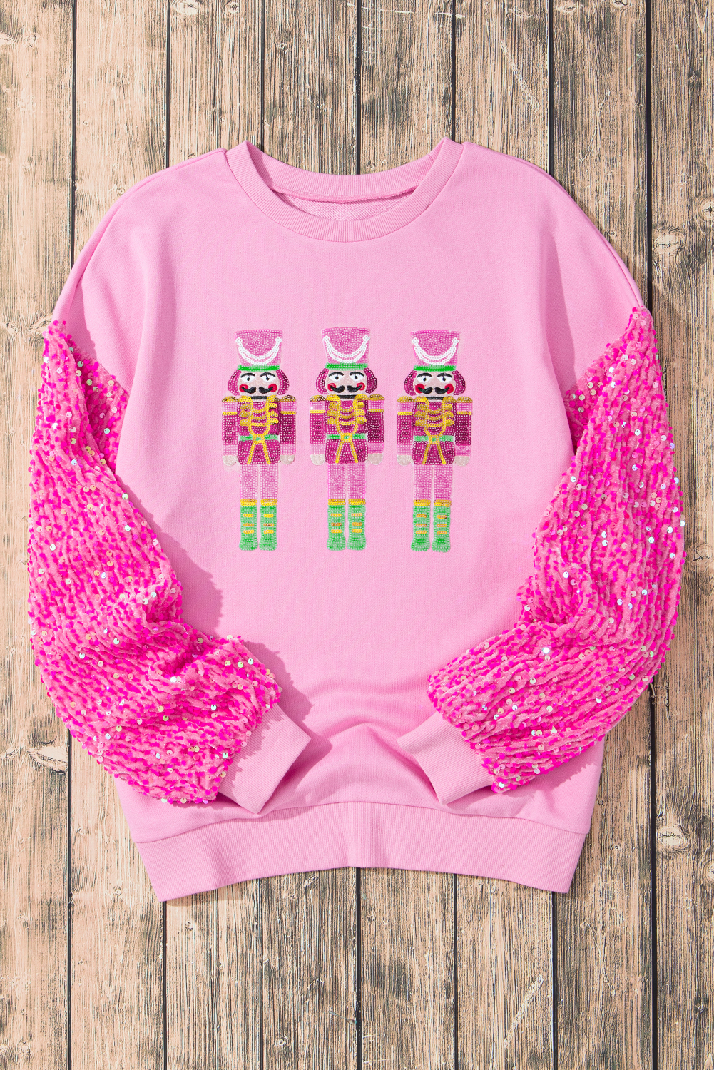 Pink Shiny Father Christmas Graphic Sequin Long Sleeve Top