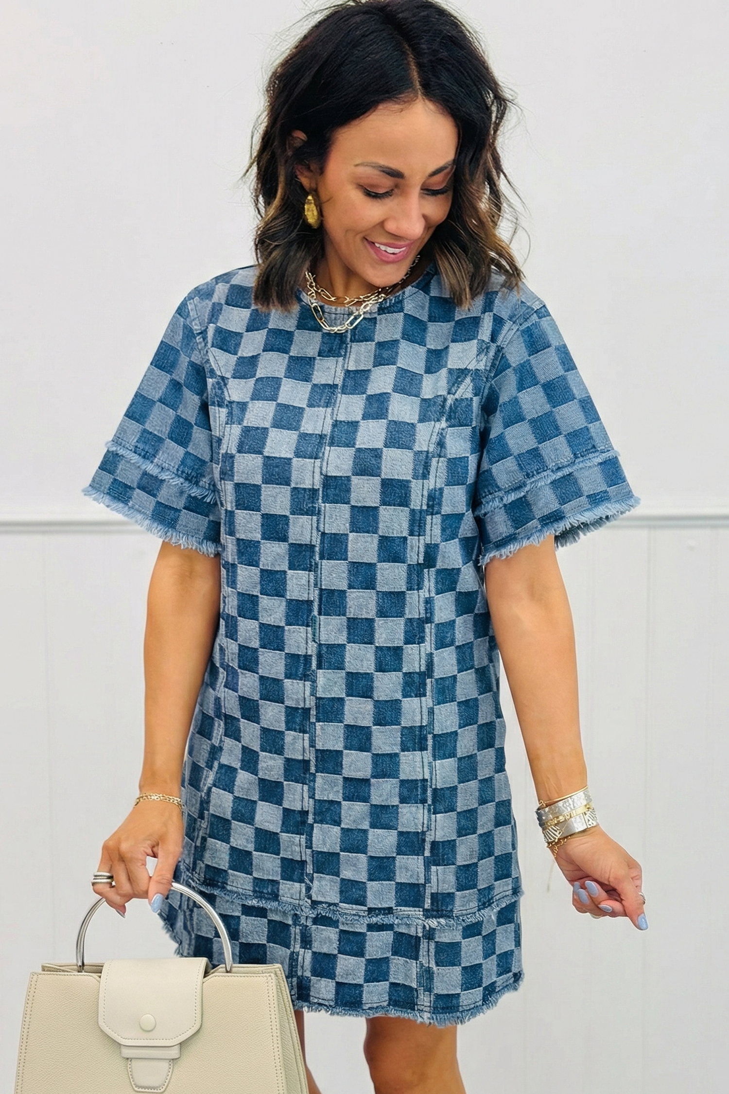 Sky Blue Frayed Hem Checkered Denim Mini Dress