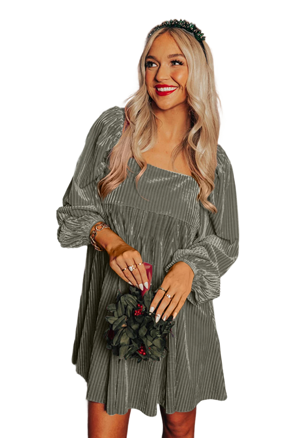Gray Tie Back Square Neck Velvet Babydoll Dress