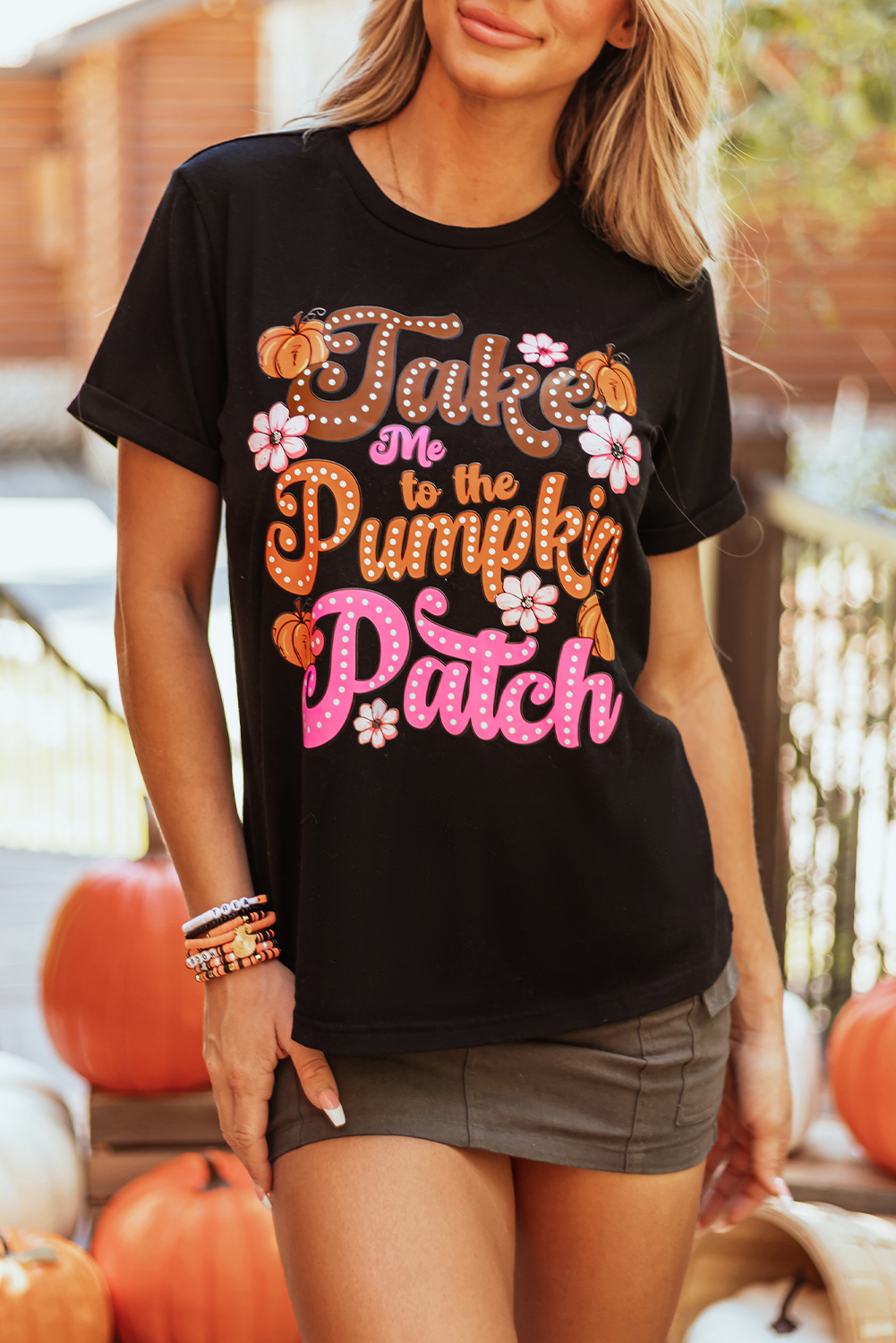 Black Halloween Ghost Pumpkin Print Crew Neck T Shirt
