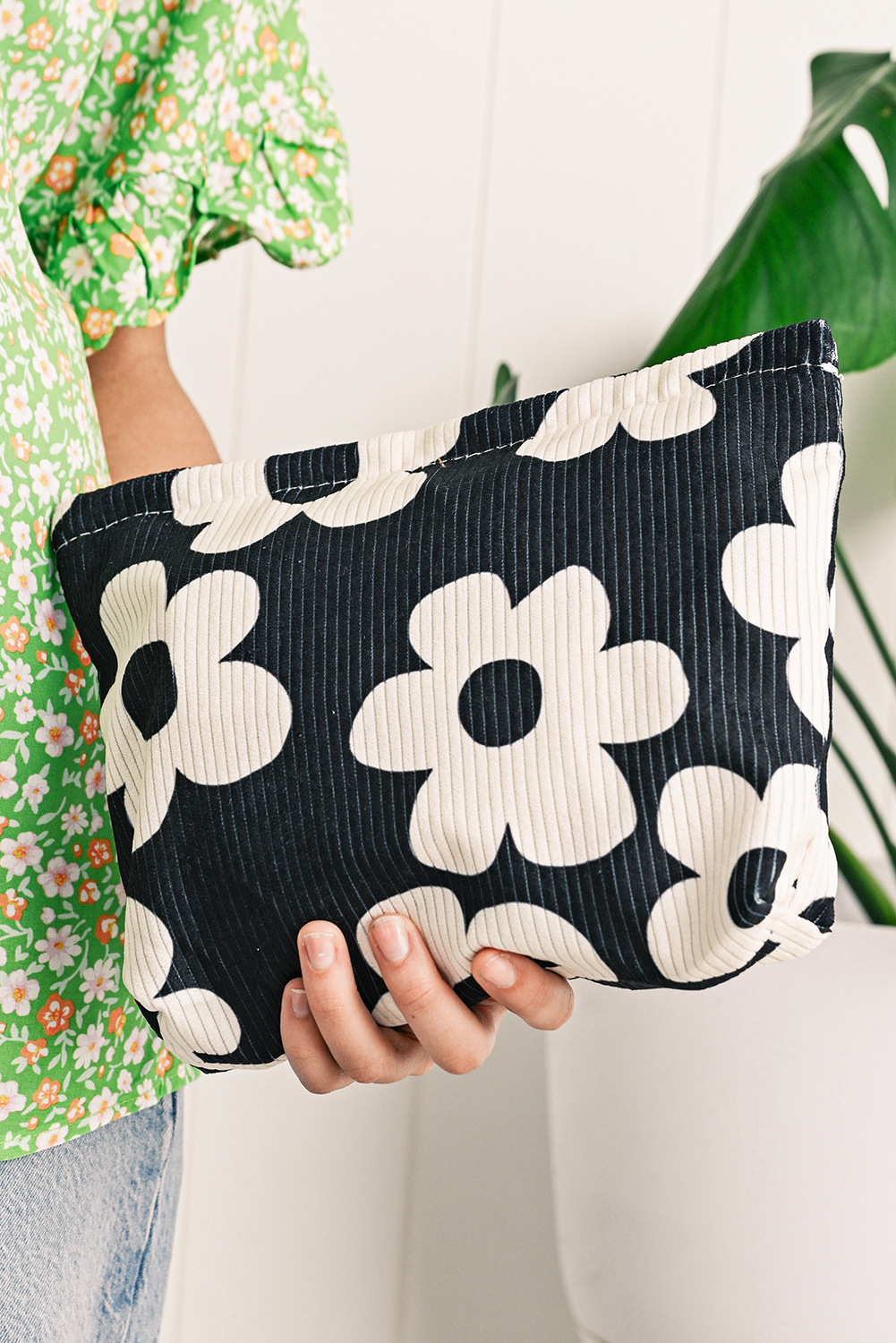 Red Flower Printed Rib Textured Cosmetic Bag