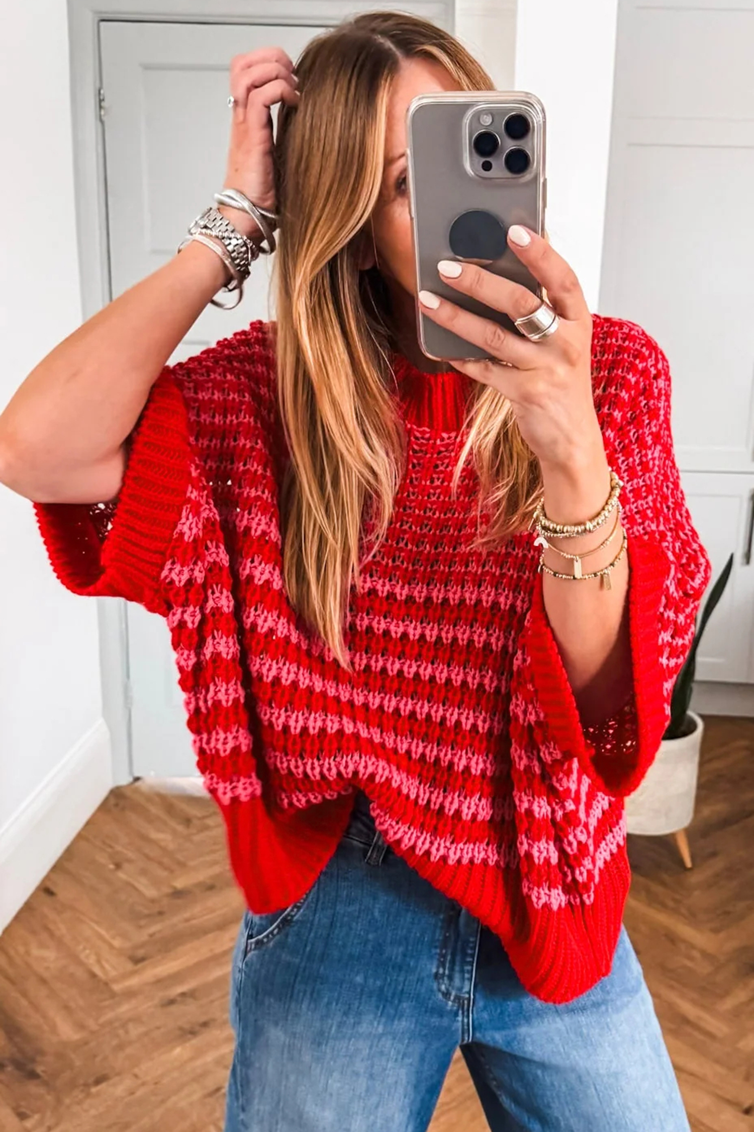 Black Stripe 3/4 Draped Sleeve Slouchy Sweater