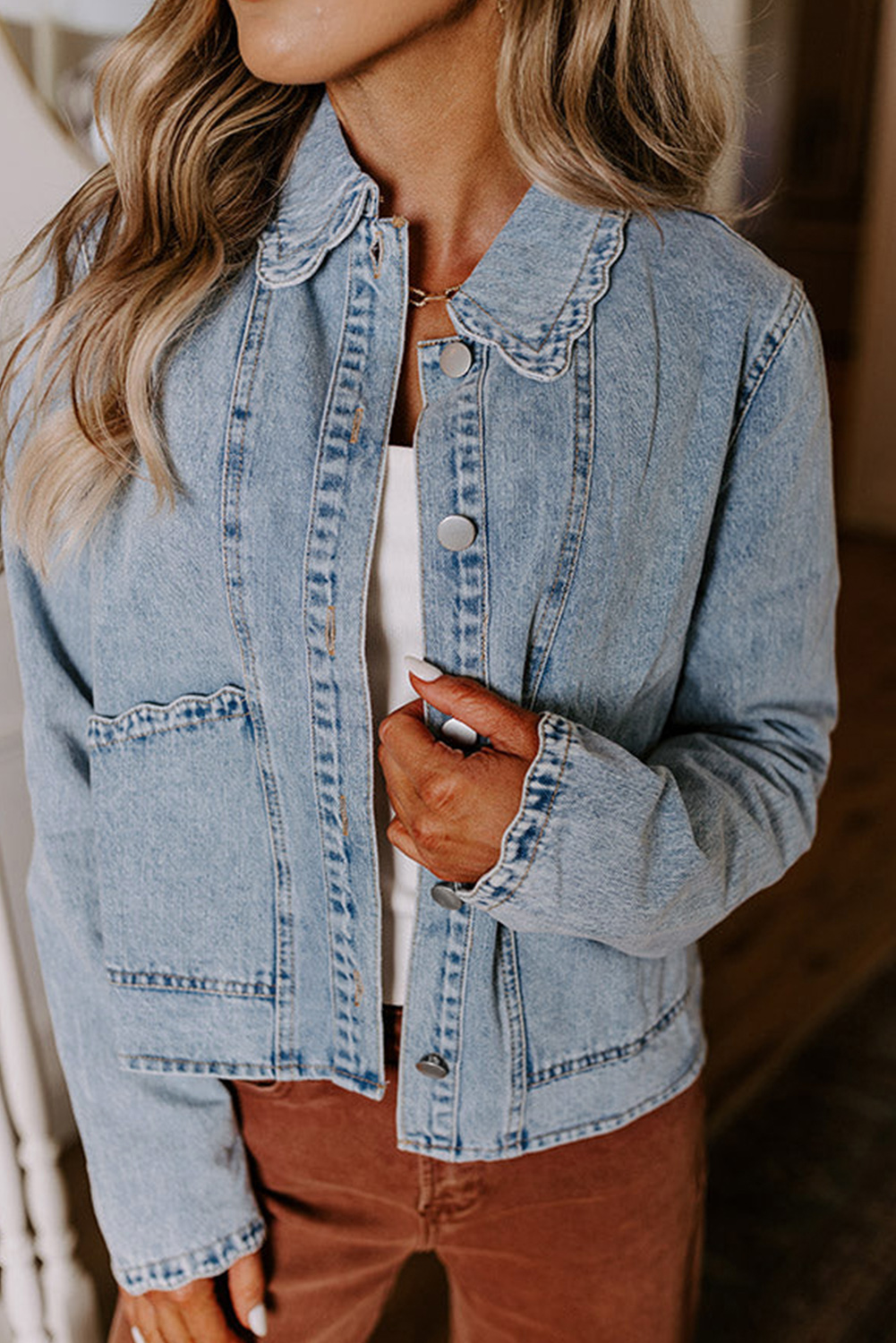 Myosotis Scallop Trim Collar Patched Pocket Button Up Mineral Washed Denim Jacket