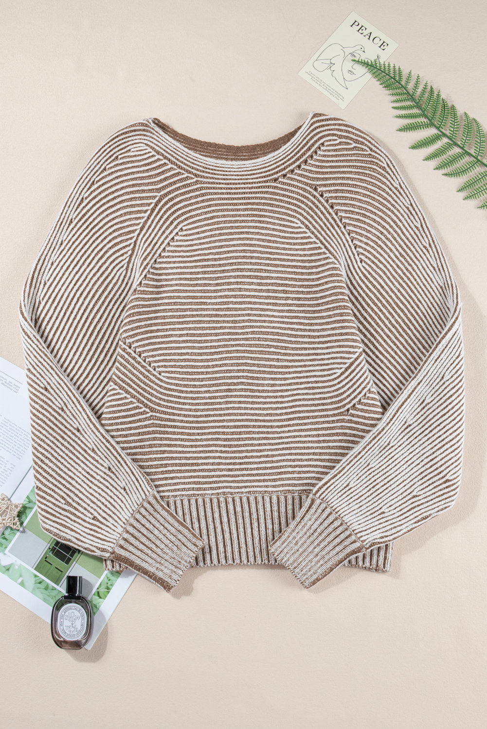 Coffee Striped Print Ribbed Knit Boat Neck Baggy Sweater