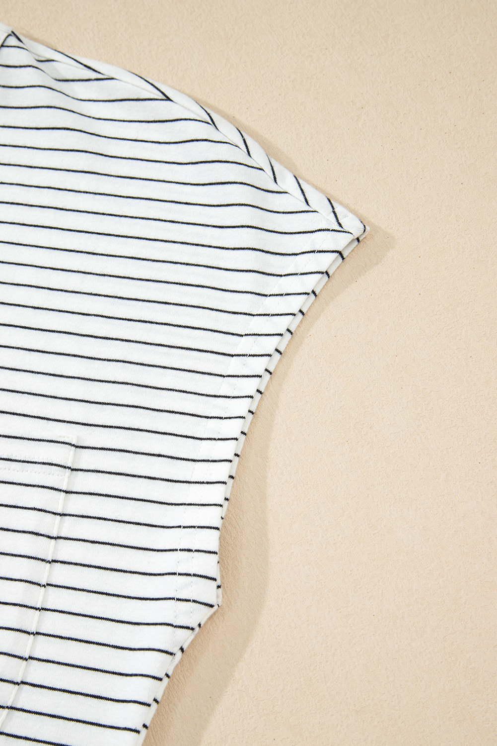 White Stripe Cap Sleeve Crew Neck Casual Tee with Chest Pocket