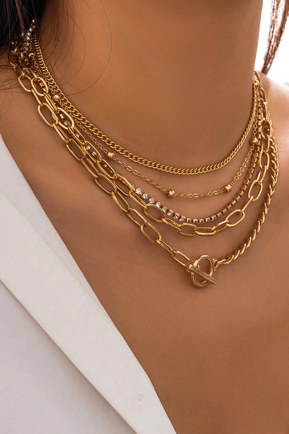 Silvery 5pcs Layered Rhinestone Plated Chain Collarbone Necklaces Set