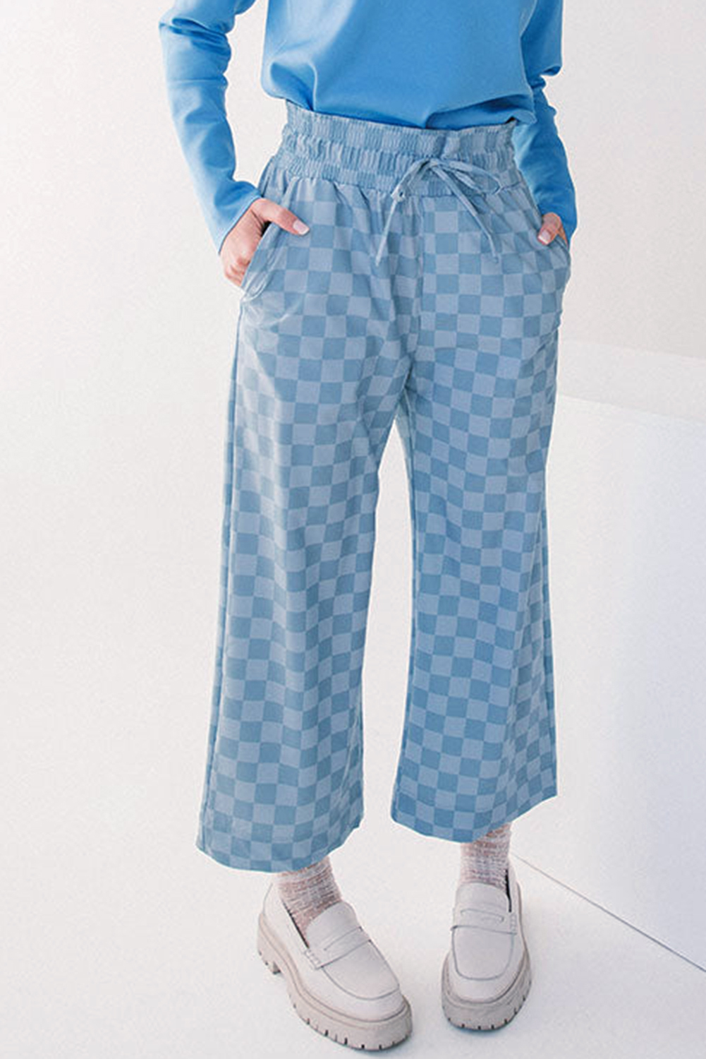 Khaki Checkered Elastic High Waist Loose Casual Pants