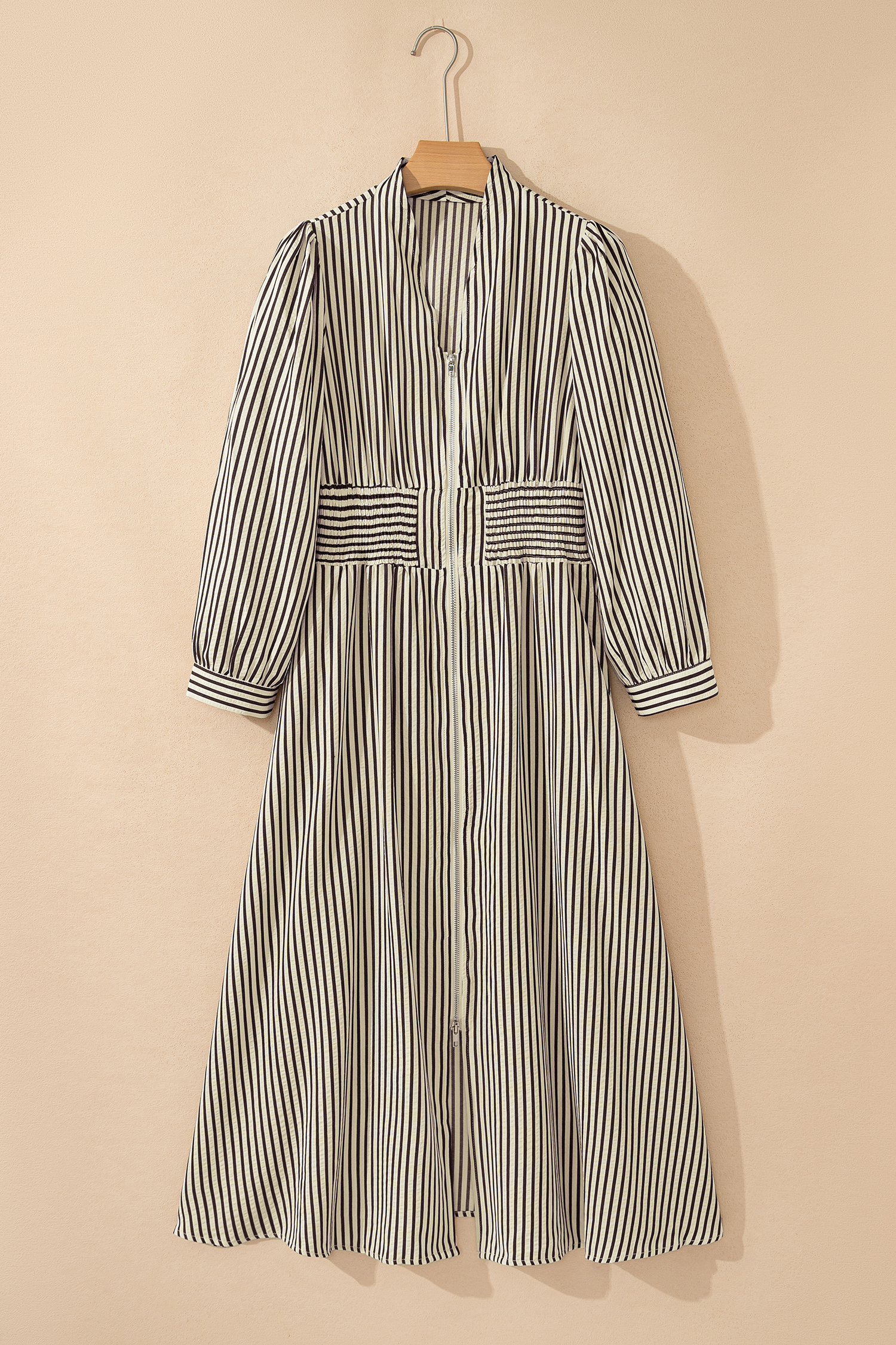 Coffee Plaid Print Full Zipper Cinched Waist Fit Flare Sleeveless Maxi Dress