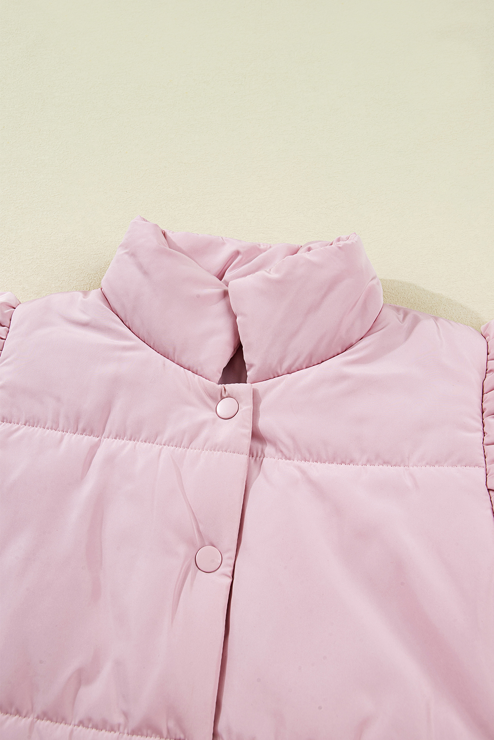 Pink Stand Neck Flutter Sleeve Snap Button Puffer Vest