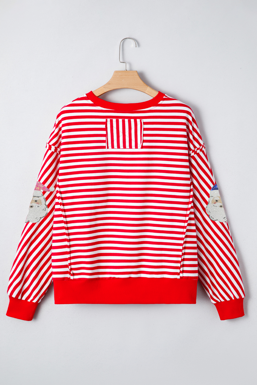 Red Stripe Sequin Santa Round Neck Raw Seam Detail Christmas Long Sleeve Top