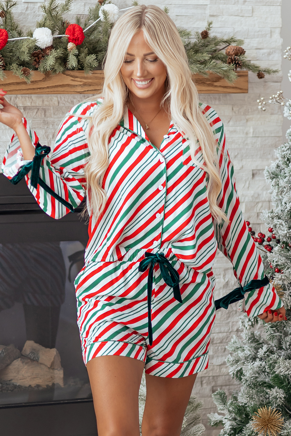Green Stripe Contrast Velvet Ribbon Knot Christmas 2pcs Pajama Set