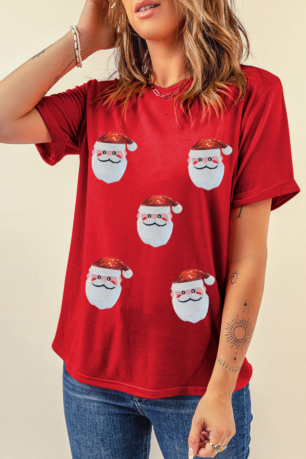 Black Faux Sequin Christmas Claus Pattern Crewneck T Shirt