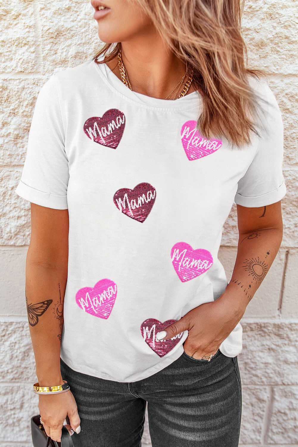White mama Heart Shape Sequin Patched Crew Neck T Shirt
