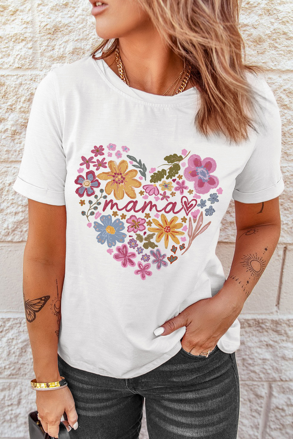 White MAMA Flower Heart Cotton Blend Graphic Tee