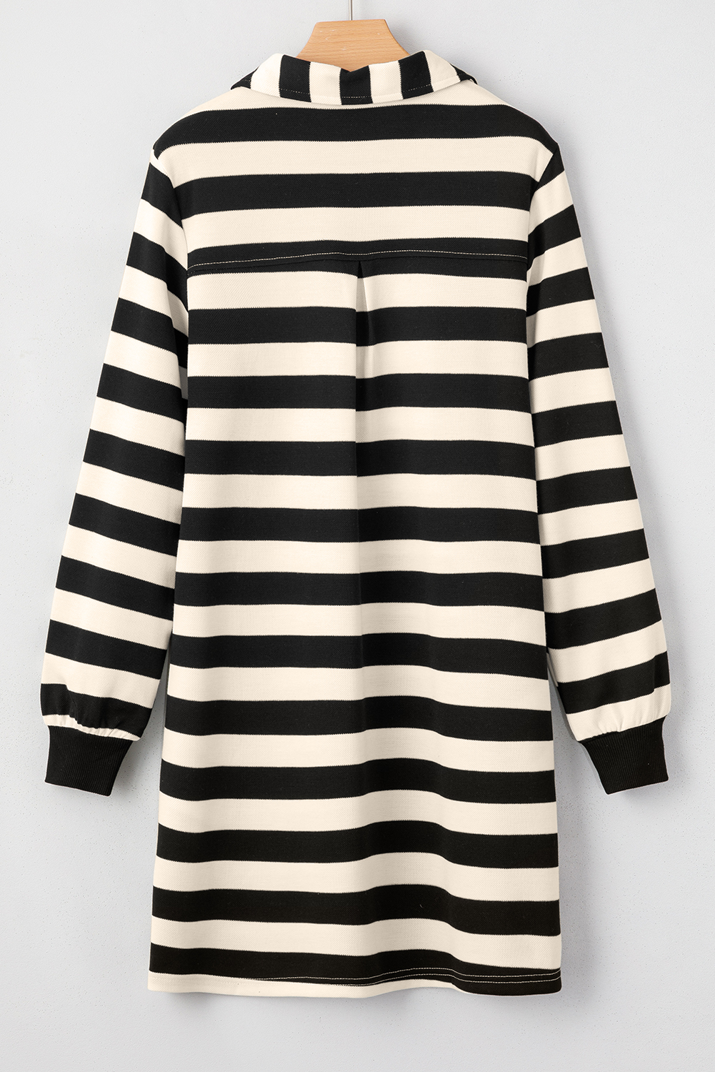 Khaki Stripe Collared V Neck Long Sleeve Loose Casual Dress