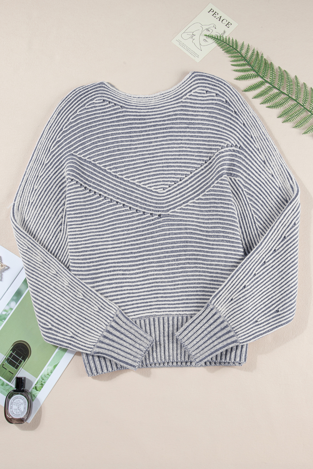 Coffee Striped Print Ribbed Knit Boat Neck Baggy Sweater