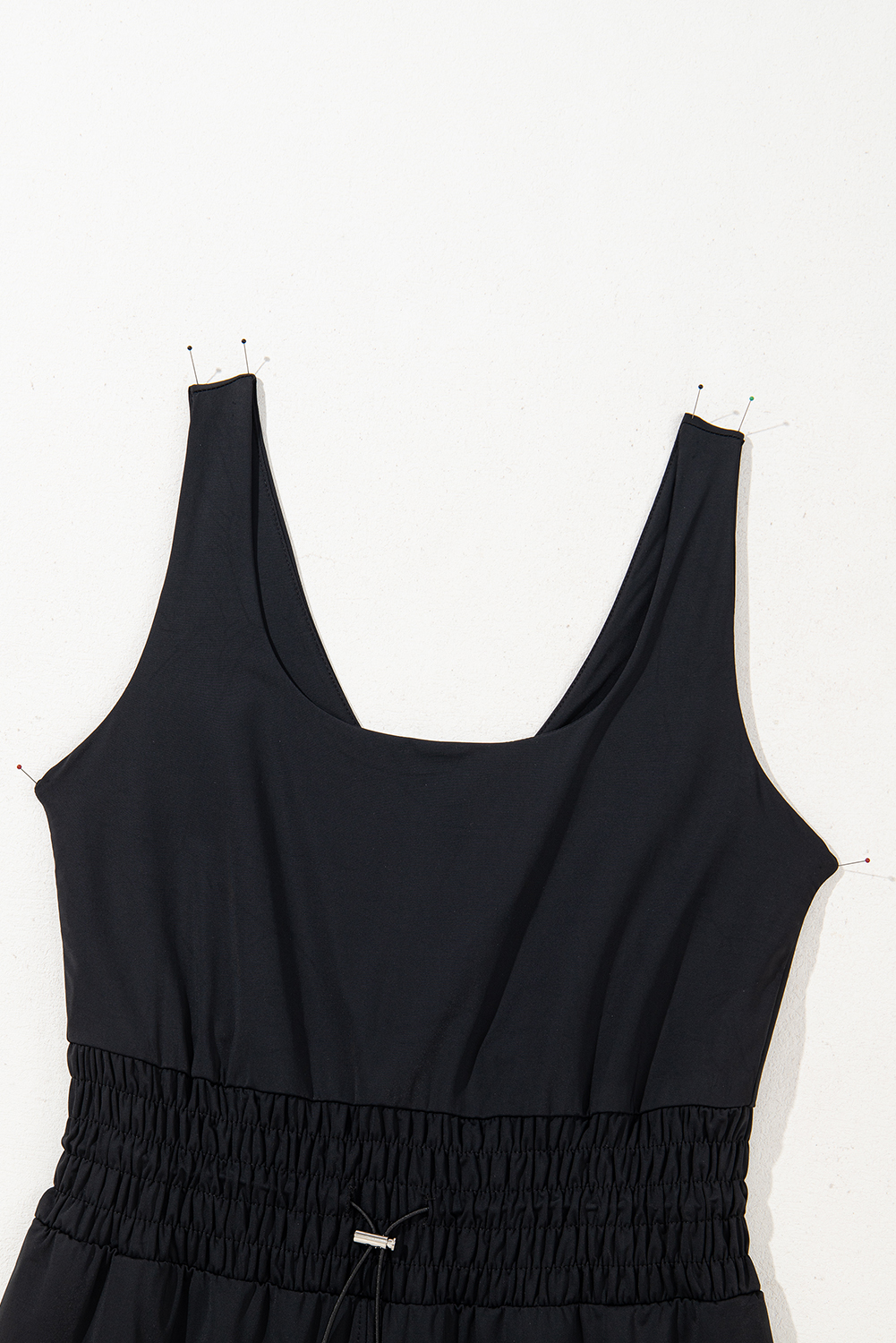 Black Plain Sleeveless Loop Drawstring Cinched Waist Romper